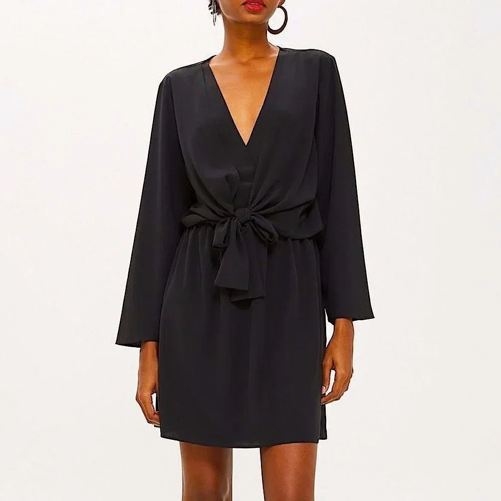TOPSHOP Tiffany Knot Black Long Sleeve V-neck Mini Dress